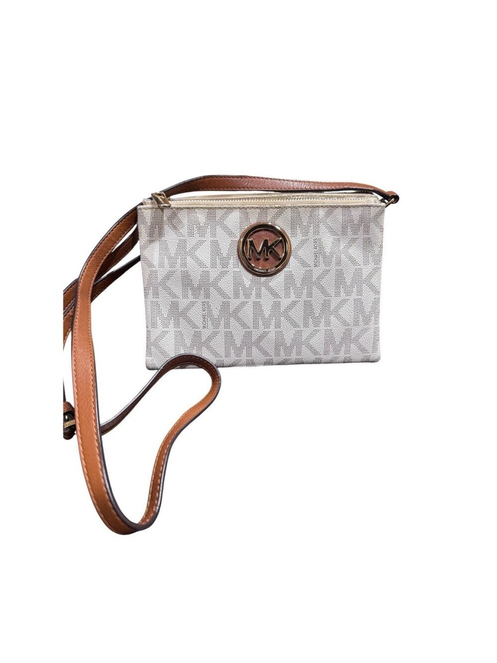 Michael Kors Fulton Large White,Gray Signature Logo Crossbody Bag